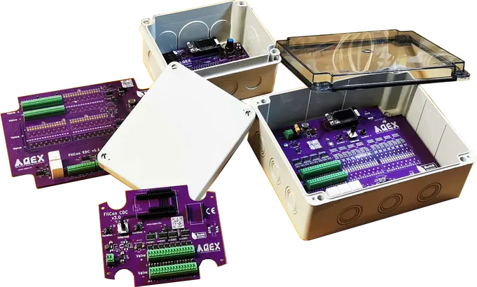 Filcon industrial dust controller family: Housings & PCB layouts for the EDC, CDC, and CAC models.