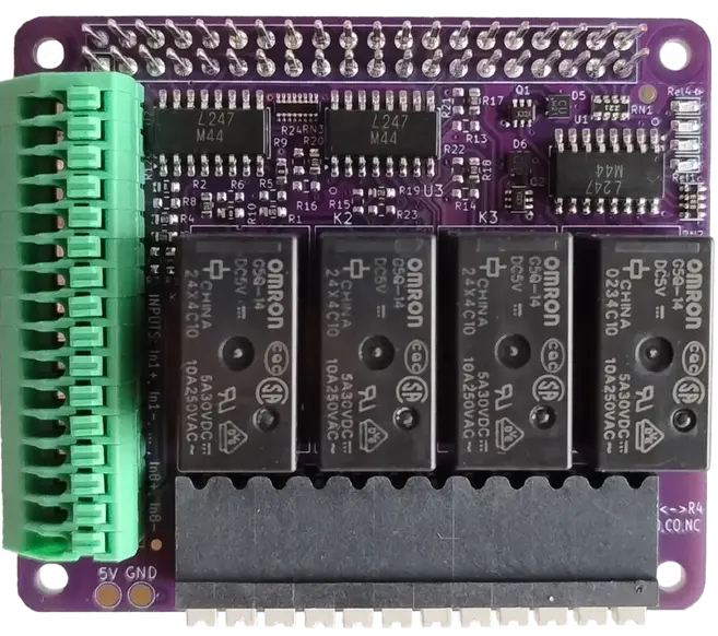 Top view of the qPIO Raspberry Pi IO HAT with 8 isolated input and 4 relay output