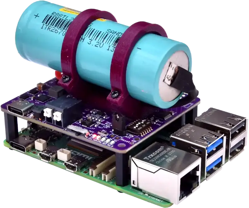 qUPS-P-BC Raspberry Pi UPS HAT with large battery shown mounted on a Pi.