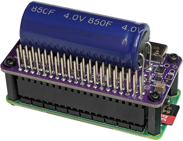 Close-up view of the Stubborn Balance Zero UPS HAT assembled on top of the Raspberry Pi Zero