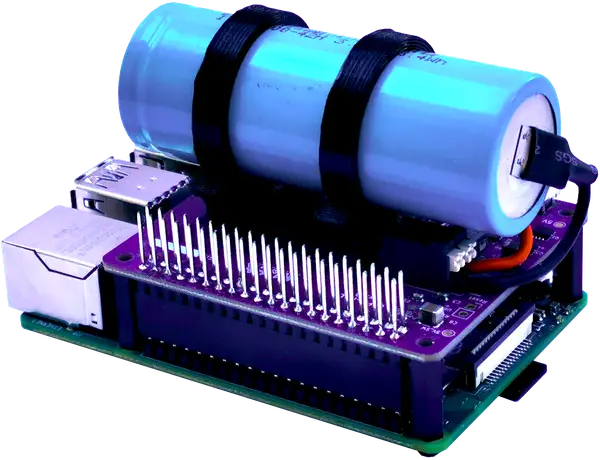 Close-up view of the Stubborn Stamina LF UPF HAT assembled on top of the Raspberry Pi with blue LiFePo4 battery