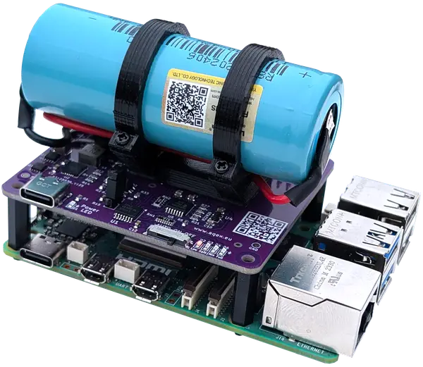 Close-up view of the Stubborn Stamina LF UPF HAT assembled on top of the Raspberry Pi with blue LiFePo4 battery